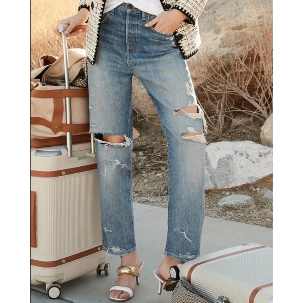 Veronica Beard Blake Classic Straight Distressed High Rise Jeans Blue Size 28